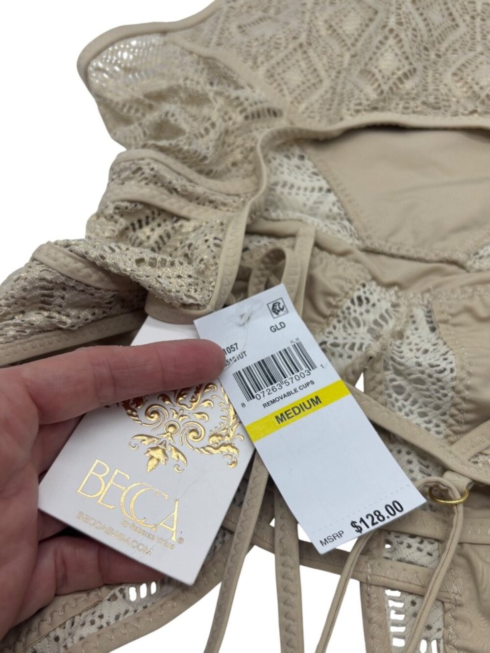 Becca Color Play Crochet Plunge One-Piece Swimsuit, Gold, M-NO REMOVABLE CUPS - Picture 7 of 15